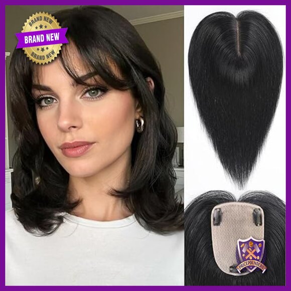 Human Hair Topper with Bangs 12 Inch 3.5x5.5 Inch Base for Thinning Hair